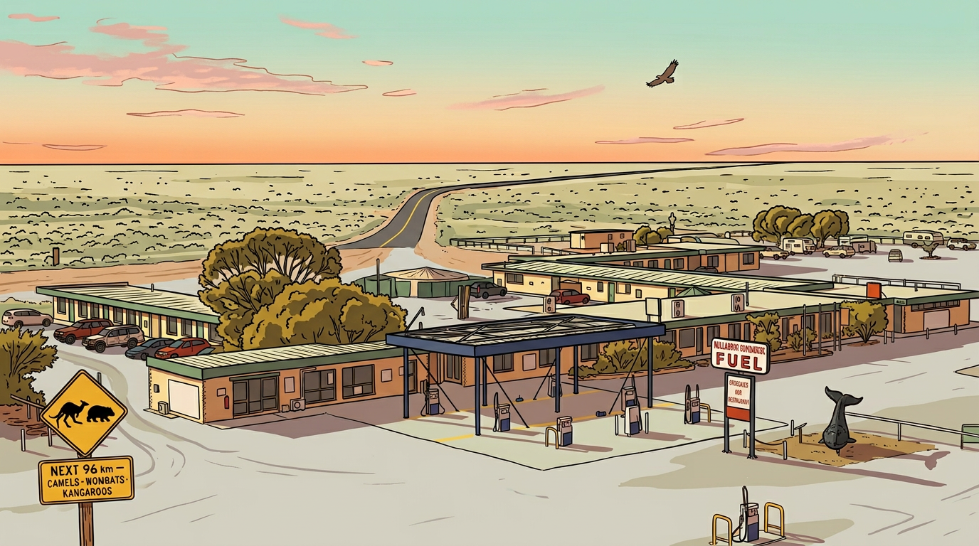 Hand-drawn illustration of the Nullarbor Roadhouse. Eyre Highway, South Australia, with Pam Armstrong's Aussie Whale Map mural